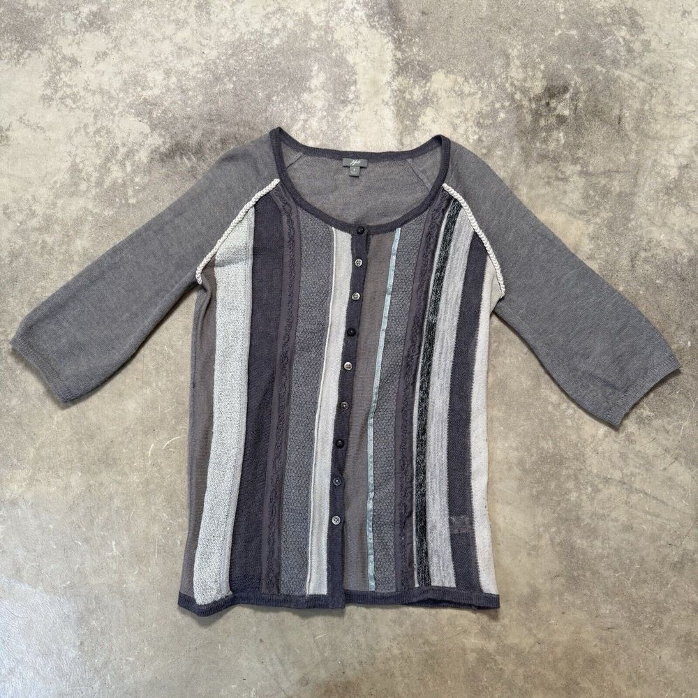 J Jill Cardigan Sweater Womens Small Gray Striped Mohair Wool Blend Button Up